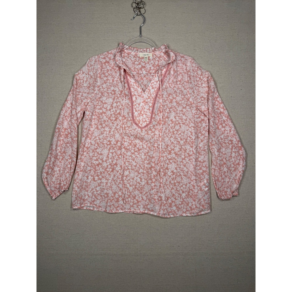 Como Blu Womens Pink Floral Ruffle Neck Tie Front Blouse Top P/S F2U078BLU